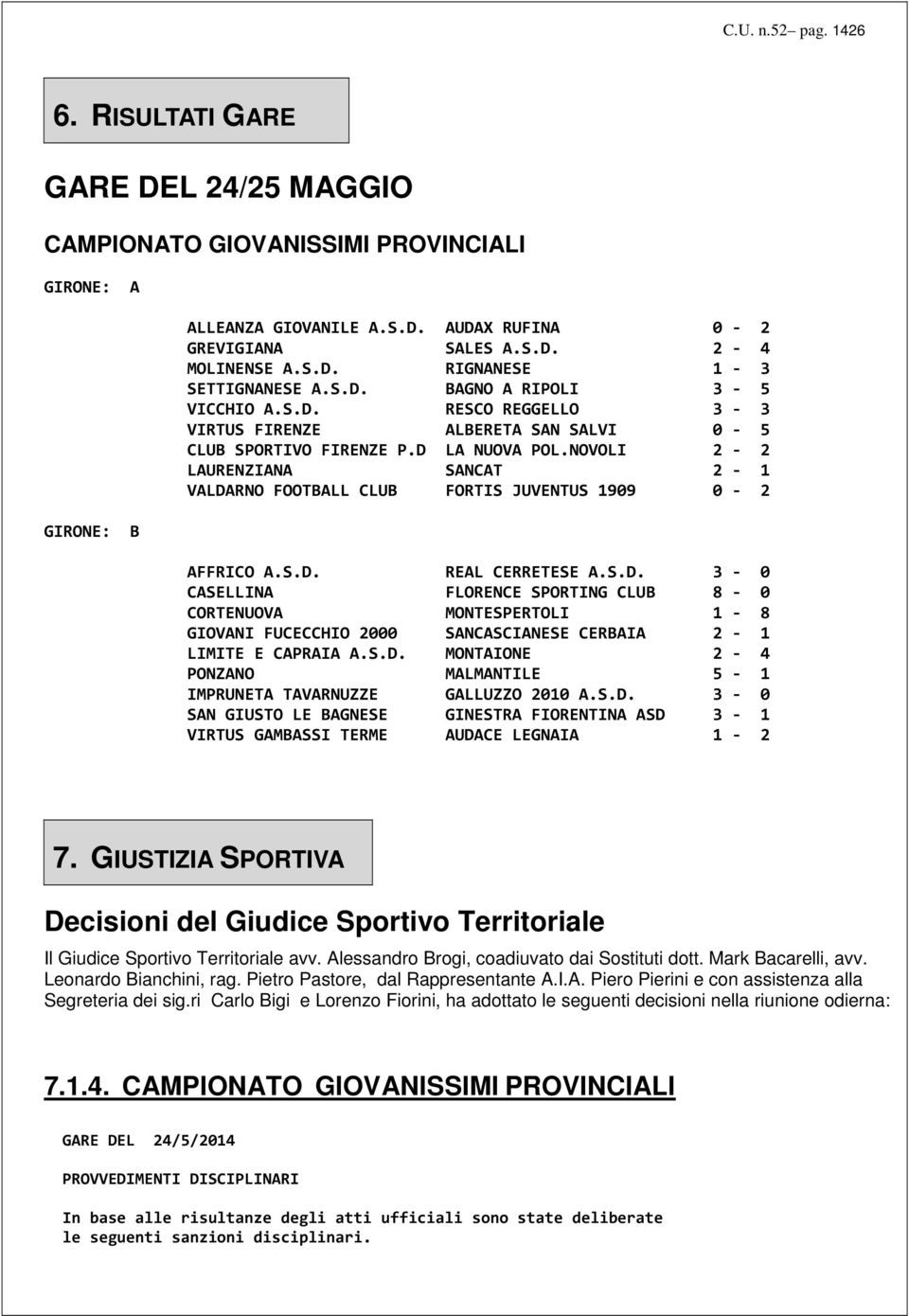 NOVOLI 2-2 LAURENZIANA SANCAT 2-1 VALDARNO FOOTBALL CLUB FORTIS JUVENTUS 1909 0-2 AFFRICO A.S.D. REAL CERRETESE A.S.D. 3-0 CASELLINA FLORENCE SPORTING CLUB 8-0 CORTENUOVA MONTESPERTOLI 1-8 GIOVANI FUCECCHIO 2000 SANCASCIANESE CERBAIA 2-1 LIMITE E CAPRAIA A.