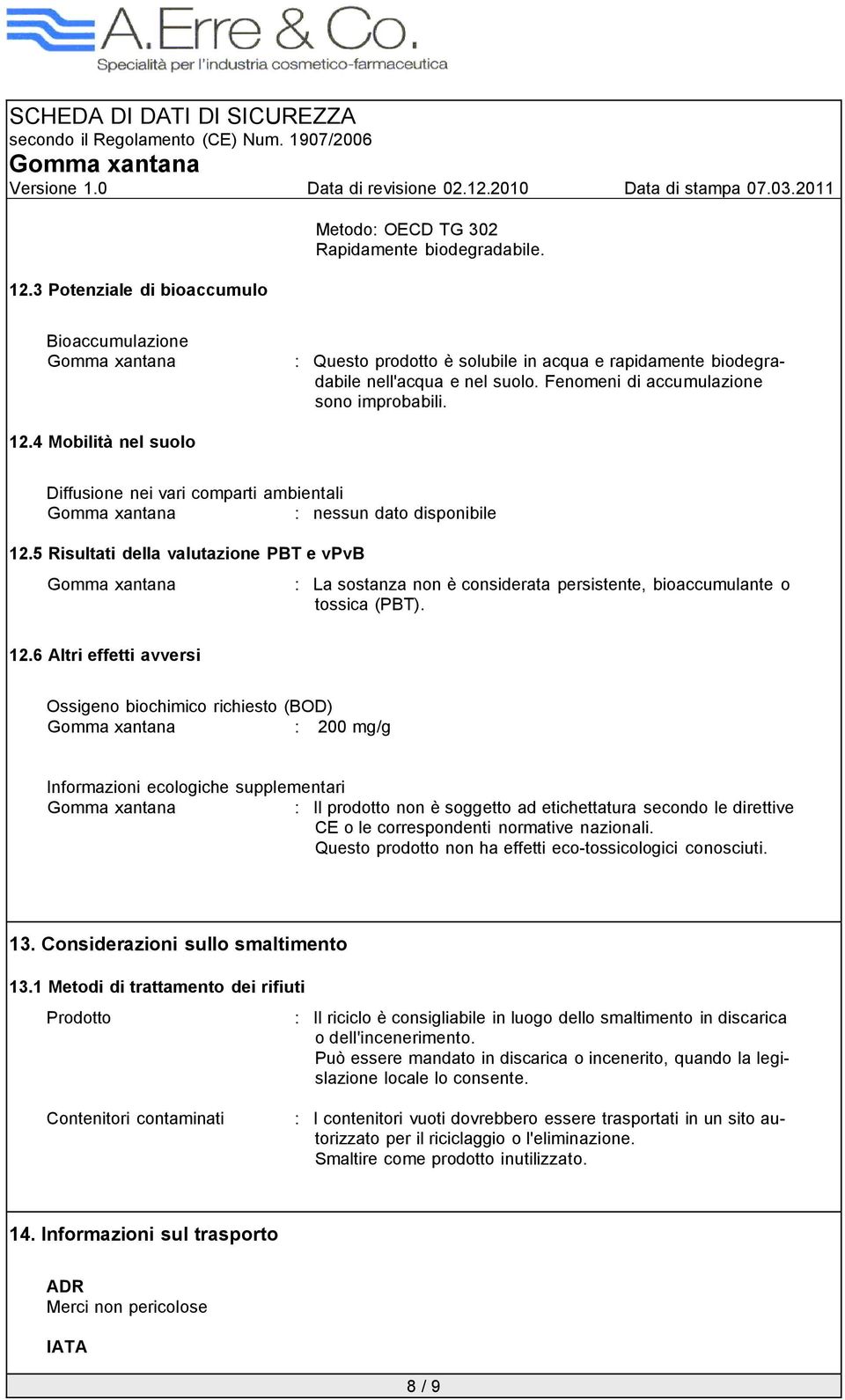 5 Risultati della valutazione PBT e vpvb : La sostanza non è considerata persistente, bioaccumulante o tossica (PBT). 12.