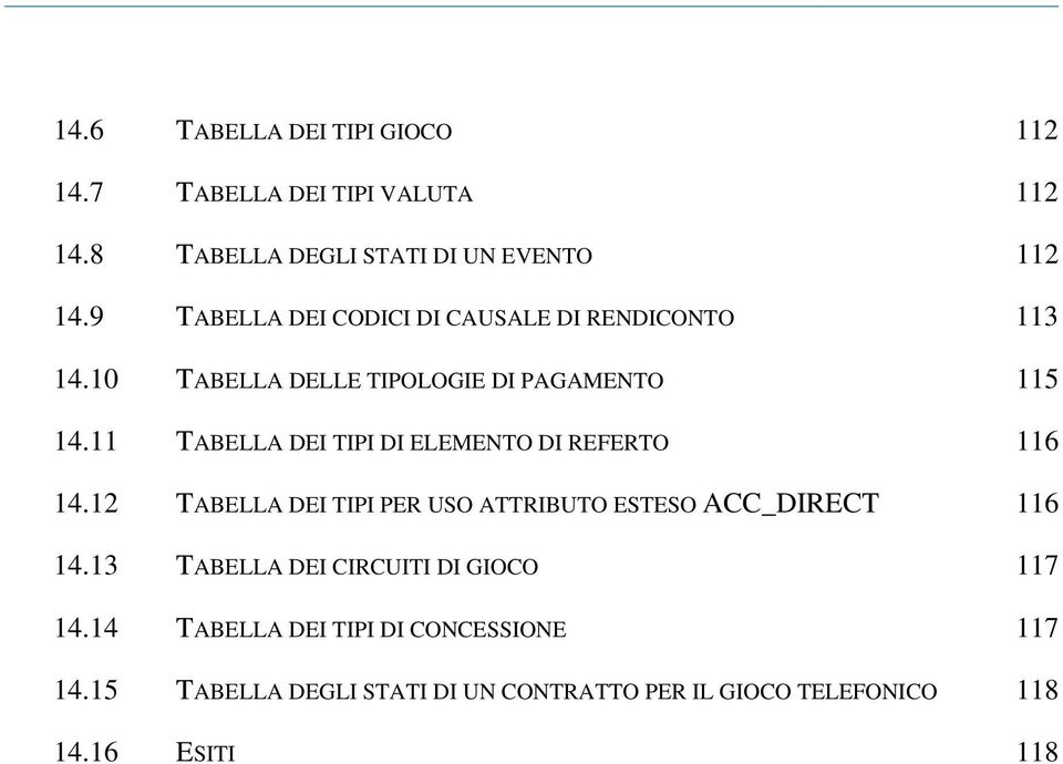 11 TABELLA DEI TIPI DI ELEMENTO DI REFERTO 116 14.12 TABELLA DEI TIPI PER USO ATTRIBUTO ESTESO ACC_DIRECT 116 14.