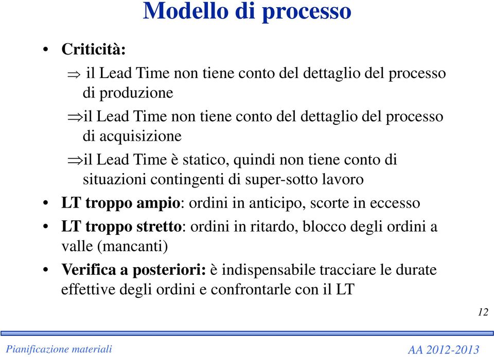 super-sotto lavoro LT troppo ampio: ordini in anticipo, scorte in eccesso LT troppo stretto: ordini in ritardo, blocco degli