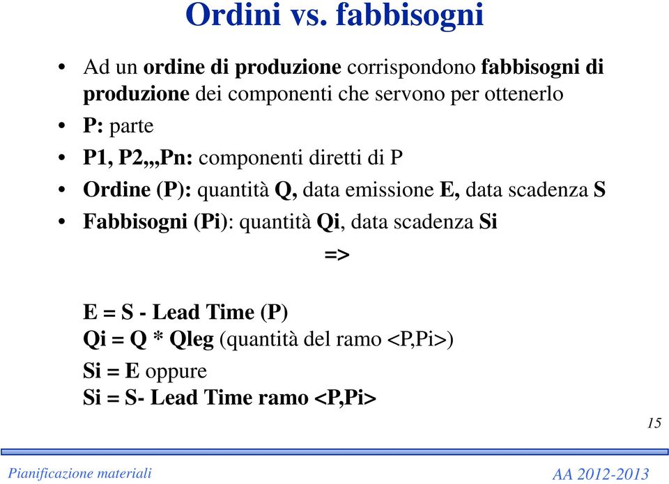 servono per ottenerlo P: parte P1, P2,,,Pn: componenti diretti di P Ordine (P): quantità Q, data