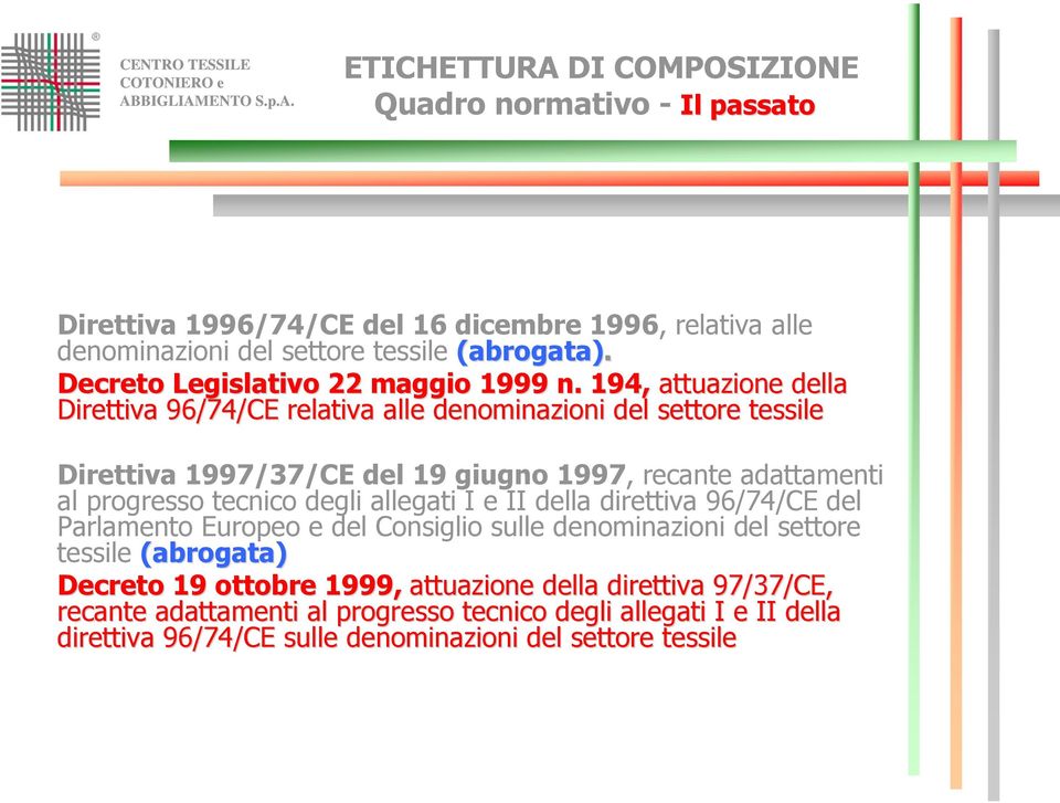 tecnico degli allegati I e II della direttiva 96/74/CE del Parlamento Europeo e del Consiglio sulle denominazioni del settore tessile (abrogata) Decreto 19 ottobre