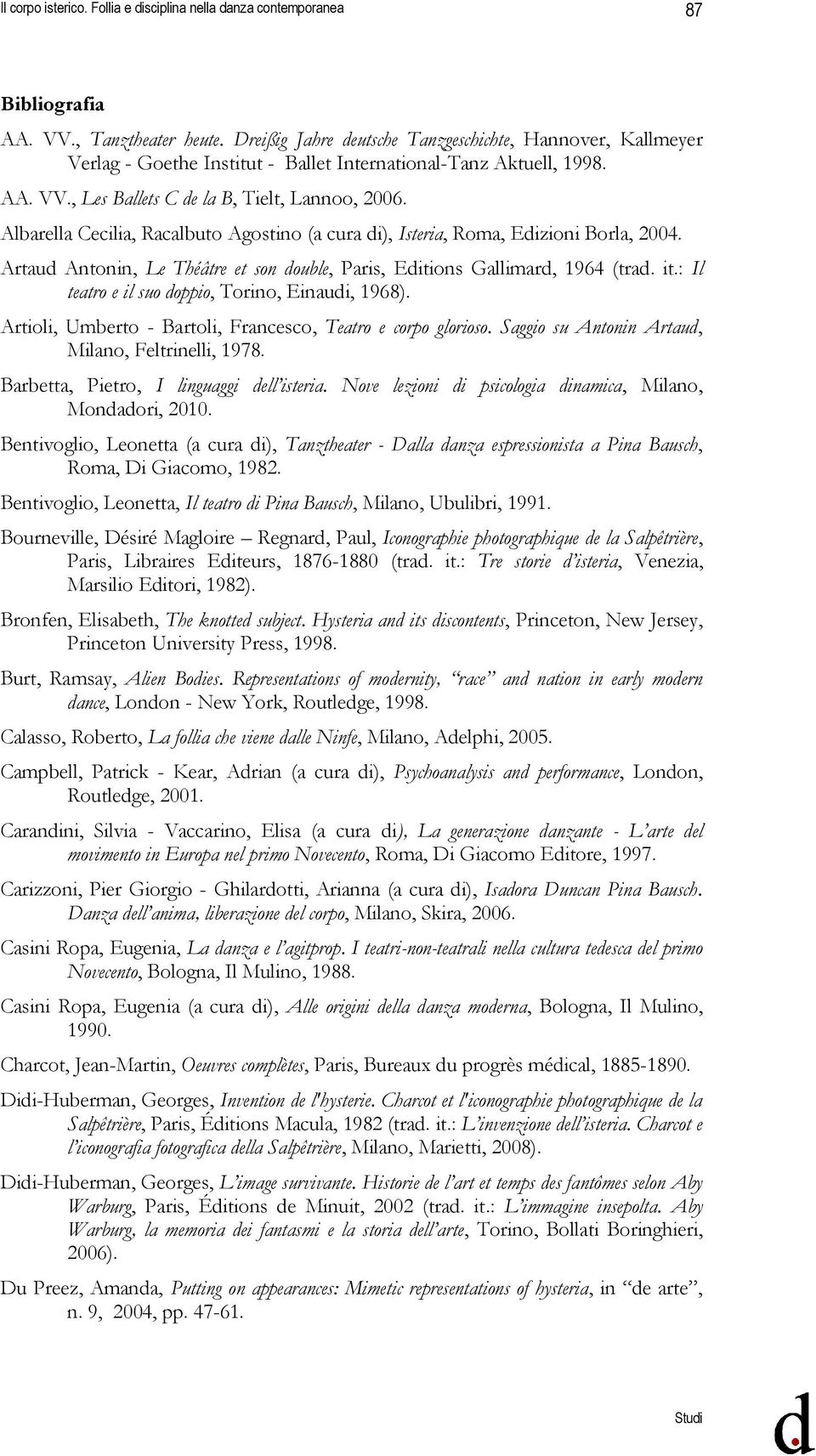 Albarella Cecilia, Racalbuto Agostino (a cura di), Isteria, Roma, Edizioni Borla, 2004. Artaud Antonin, Le Théâtre et son double, Paris, Editions Gallimard, 1964 (trad. it.