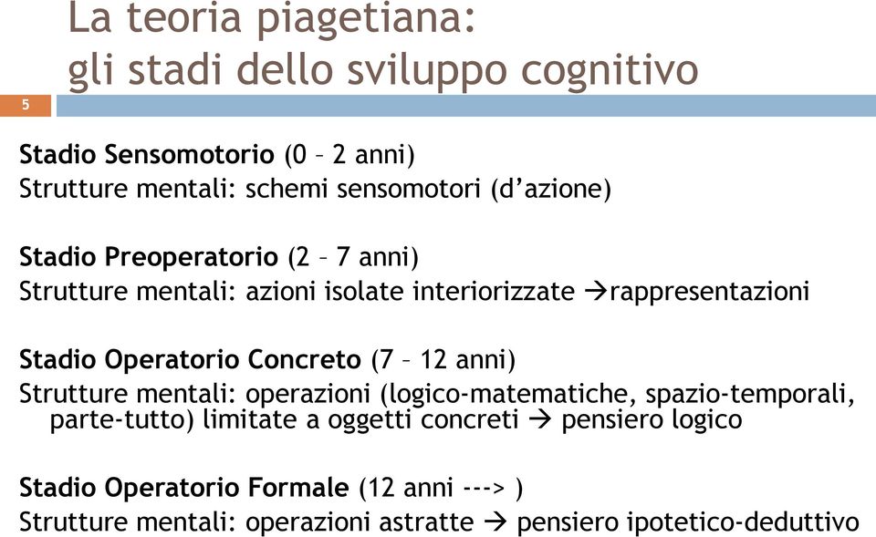 Concreto (7 12 anni) Strutture mentali: operazioni (logico-matematiche, spazio-temporali, parte-tutto) limitate a oggetti