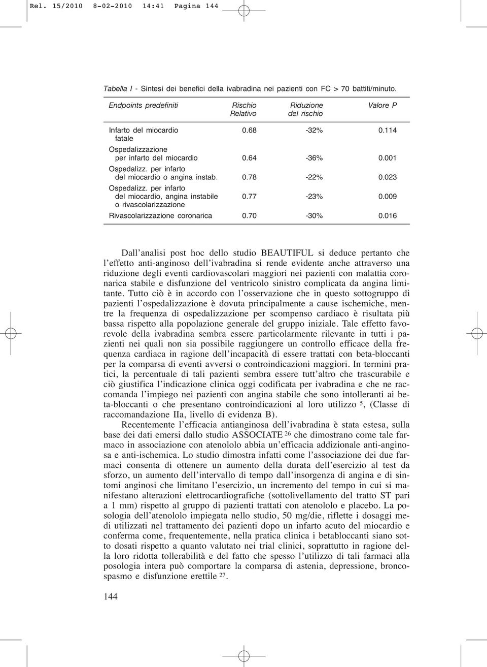 per infarto del miocardio o angina instab. 0.78-22% 0.023 Ospedalizz. per infarto del miocardio, angina instabile 0.77-23% 0.009 o rivascolarizzazione Rivascolarizzazione coronarica 0.70-30% 0.