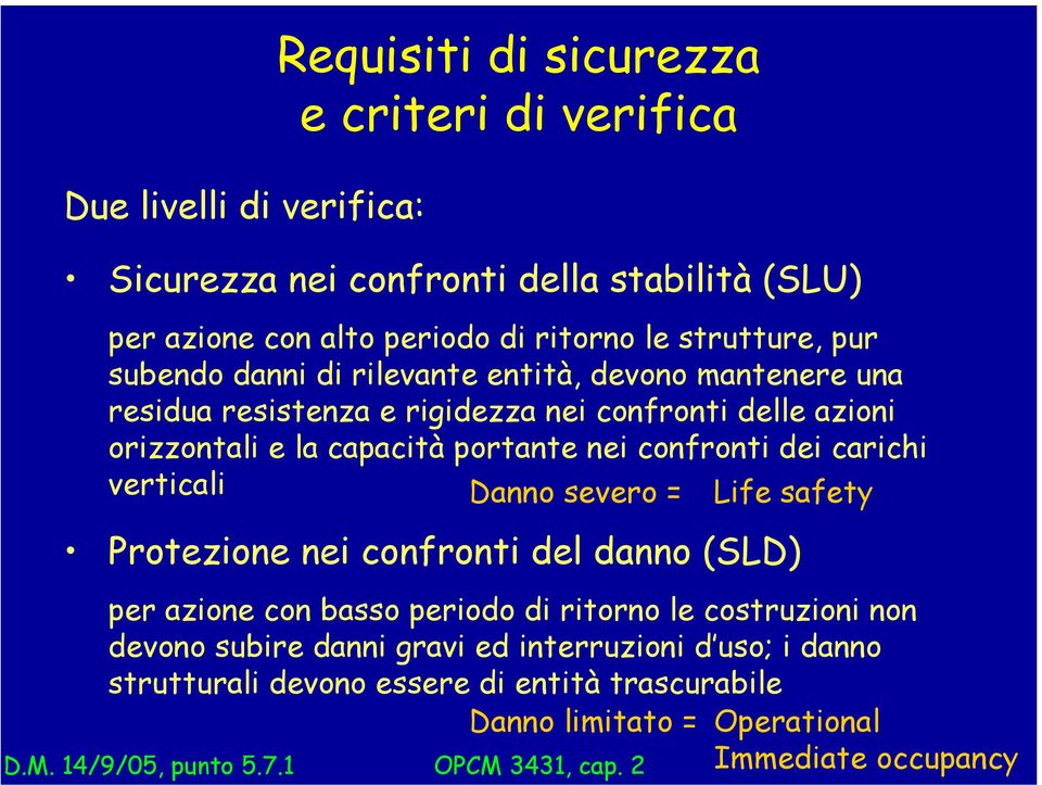 carichi verticali Danno severo = Life safety Protezione nei confronti del danno (SLD) per azione con basso periodo di ritorno le costruzioni non devono subire danni gravi