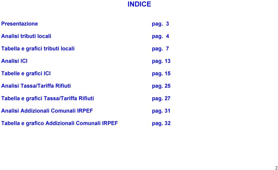 13 Tabelle e grafici ICI pag. 15 Analisi Tassa/Tariffa Rifiuti pag.