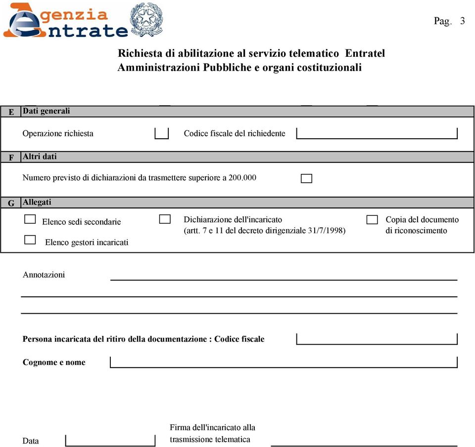 000 G Allegati Elenco sedi secondarie Elenco gestori incaricati Dichiarazione dell'incaricato (artt.