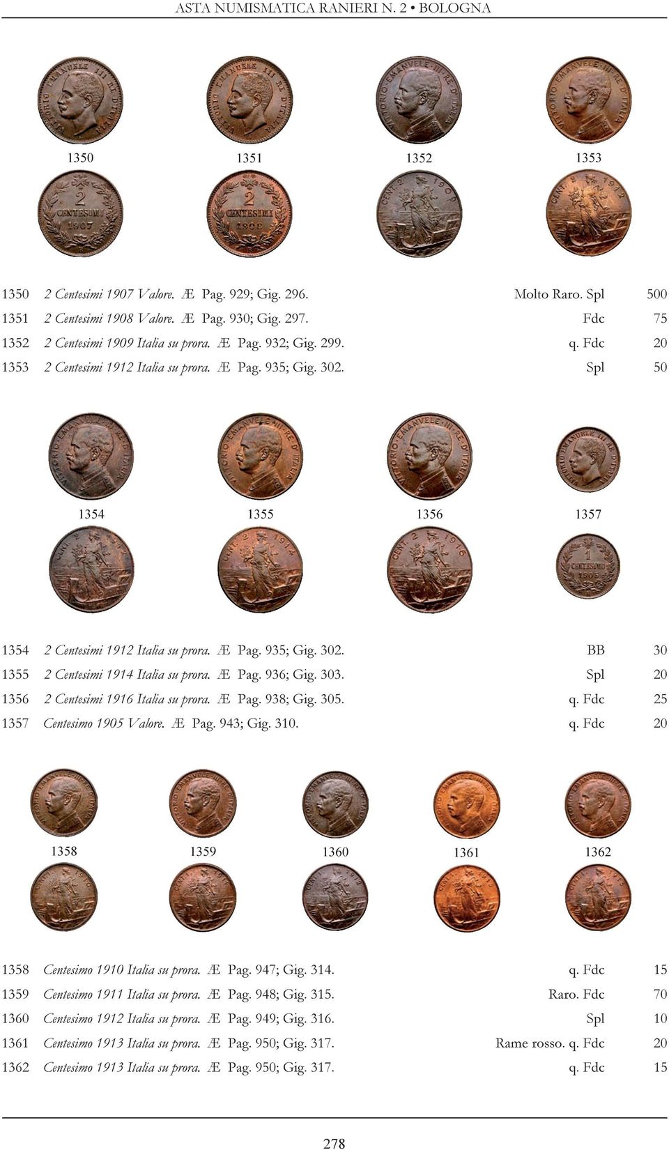 ffi Pag. 936; Gig. 303. Spl 20 1356 2 Centesimi 1916 Italia su prora. ffi Pag. 938; Gig. 305. q. Fdc 25 1357 Centesimo 1905 Valore. ffi Pag. 943; Gig. 310. q. Fdc 20 1358 1359 1360 1361 1362 1358 Centesimo 1910 Italia su prora.