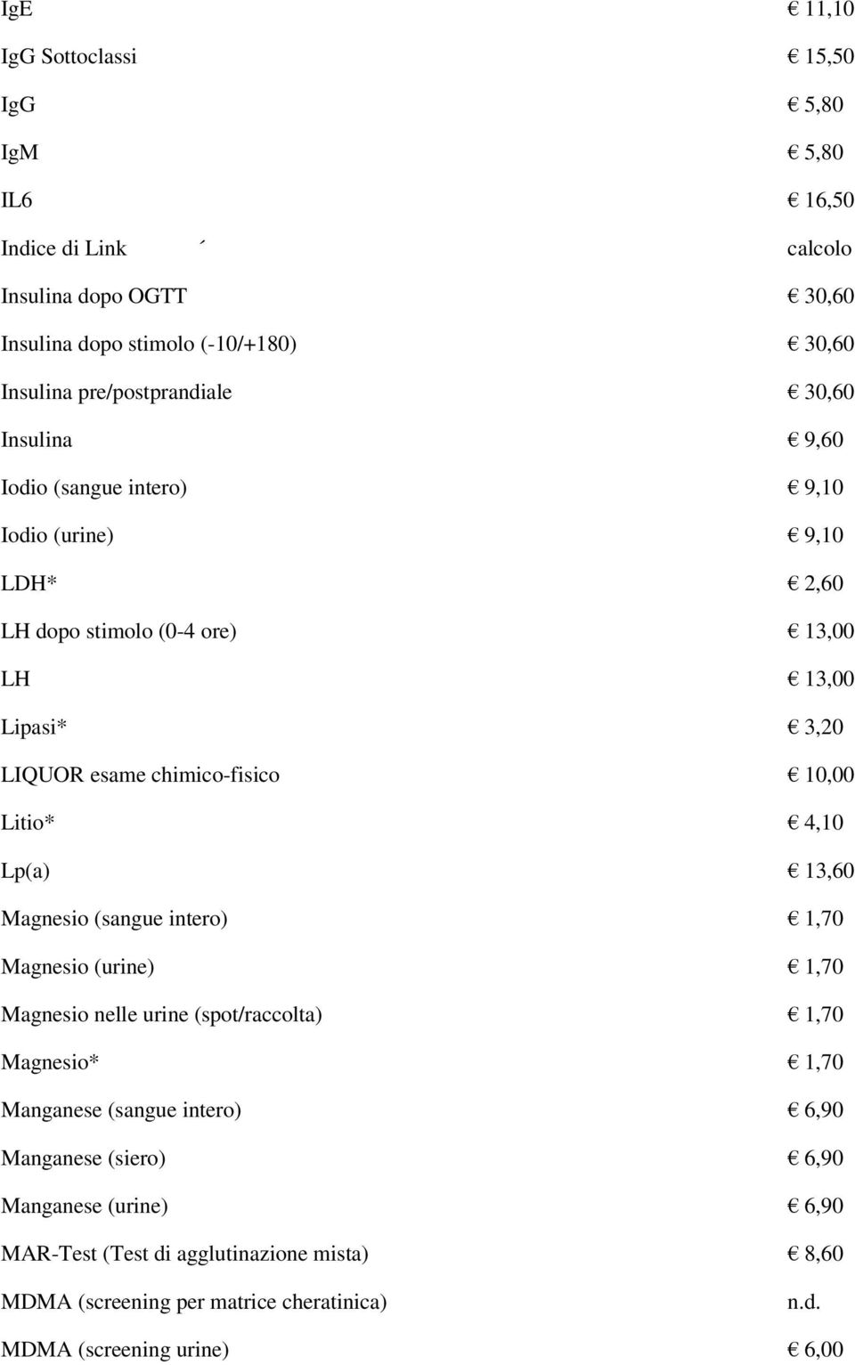 chimico-fisico 10,00 Litio* 4,10 Lp(a) 13,60 Magnesio (sangue intero) 1,70 Magnesio (urine) 1,70 Magnesio nelle urine (spot/raccolta) 1,70 Magnesio* 1,70 Manganese