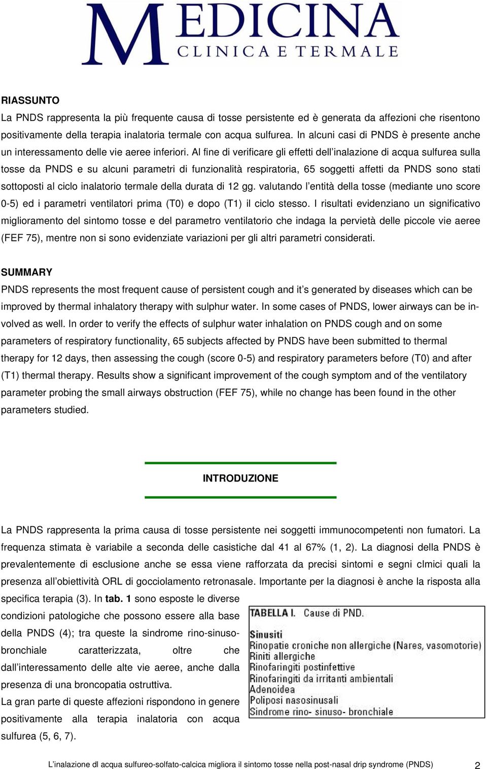 Al fine di verificare gli effetti dell inalazione di acqua sulfurea sulla tosse da PNDS e su alcuni parametri di funzionalità respiratoria, 65 soggetti affetti da PNDS sono stati sottoposti al ciclo