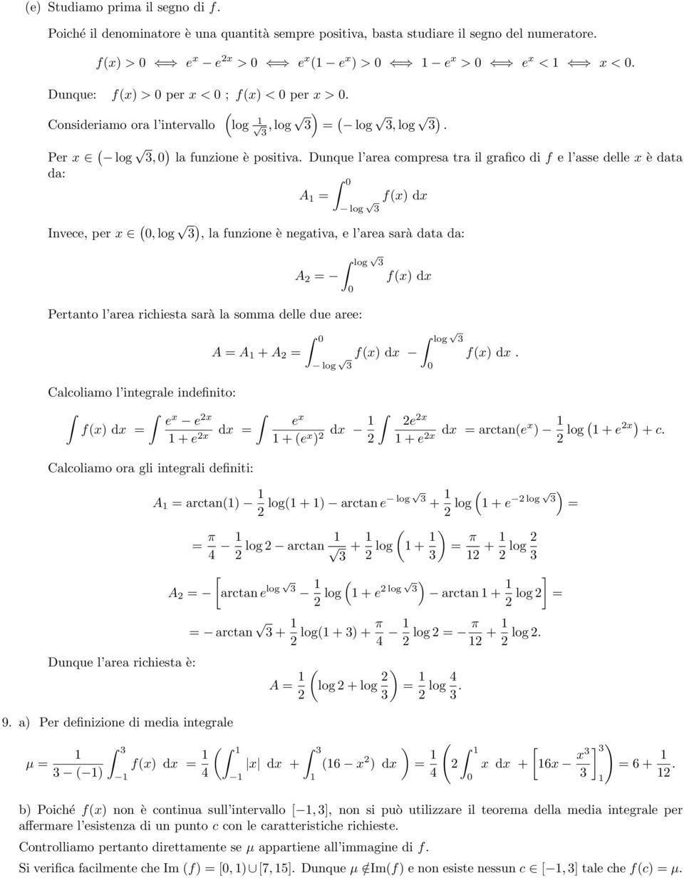 area sarà data da: A = log Pertanto l area richiesta sarà la somma delle due aree: A = A + A = log f( d f( d log f( d Calcoliamo l integrale indefinito: e e f( + e e + (e d e + e arctan(e log ( + e +