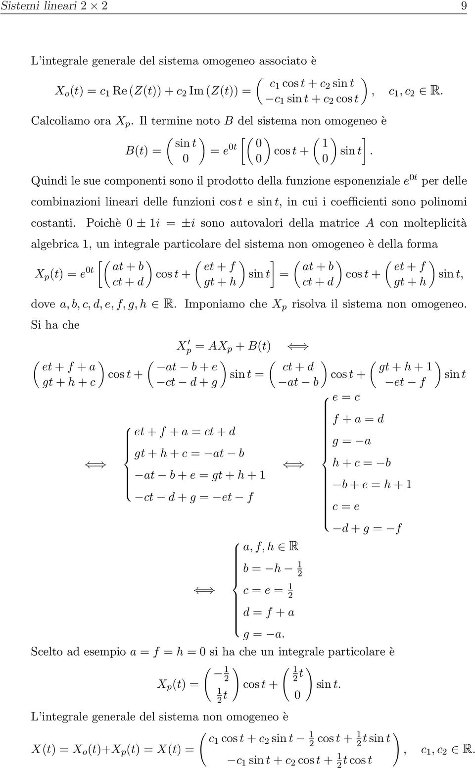 sin t, in cui i coefficienti sono polinomi costanti Poichè 0 ± 1i = ±i sono autovalori della matrice A con molteplicità algebrica 1, un integrale particolare del sistema non omogeneo è della forma [