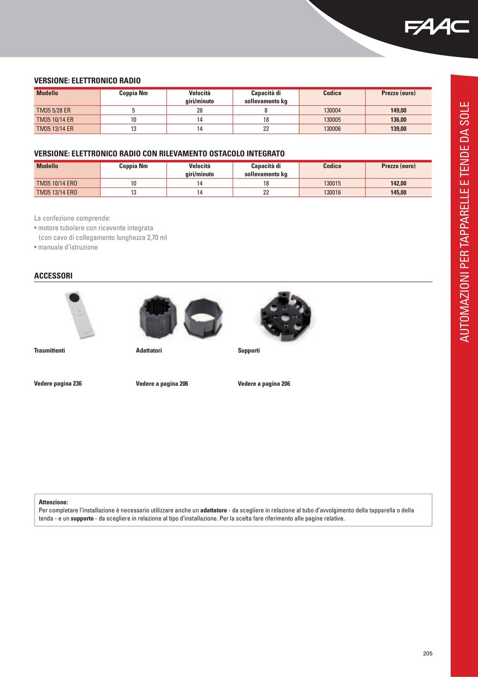 18 130015 142,00 TM35 13/14 ERO 13 14 22 130016 145,00 La confezione comprende: (con cavo di collegamento lunghezza 2,70 m) ACCESSORI AUTOMAZIONI PER TAPPARELLE E TENDE DA SOLE Trasmittenti