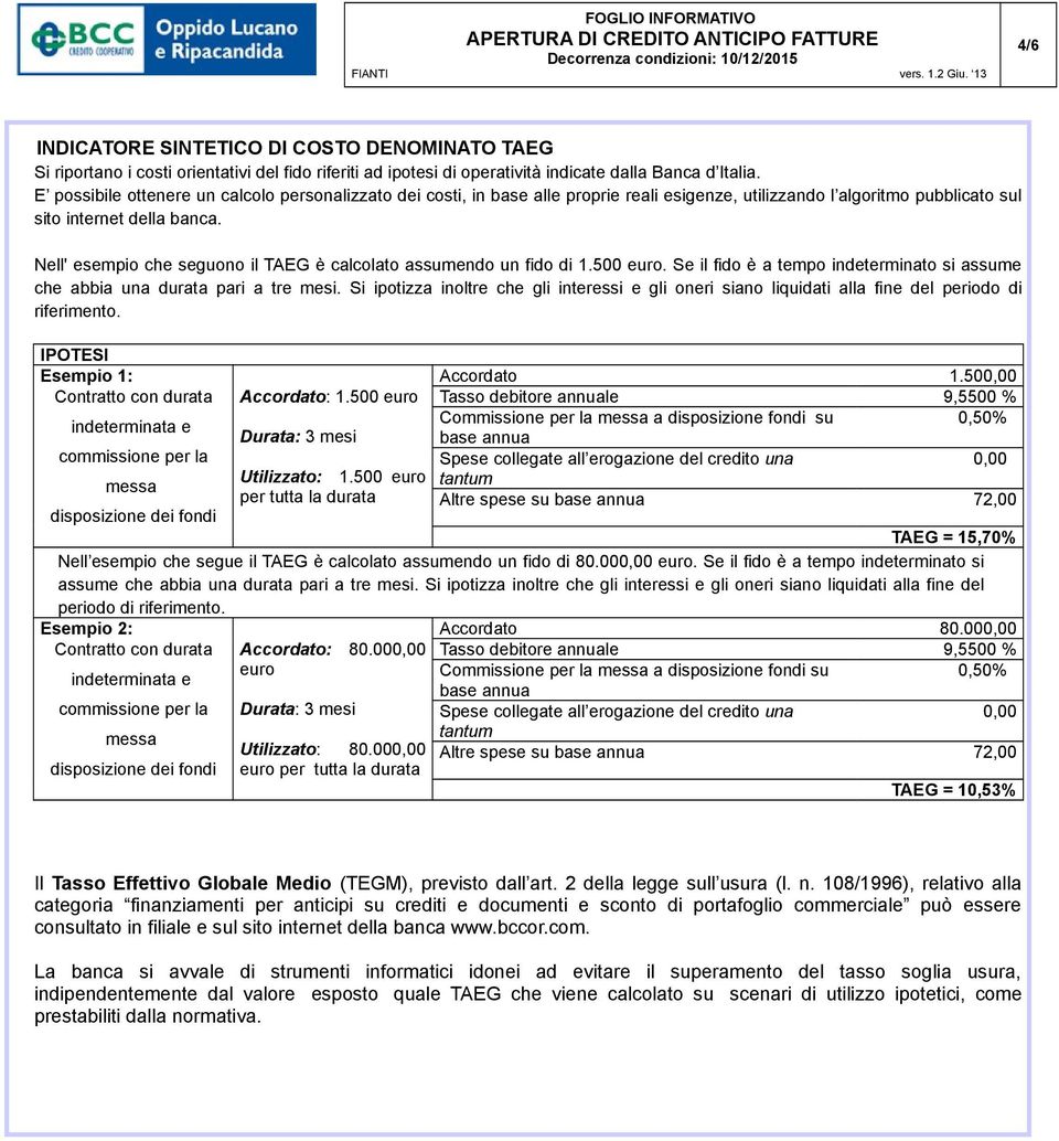 Nell' esempio che seguono il TAEG è calcolato assumendo un fido di 1.500 euro. Se il fido è a tempo indeterminato si assume che abbia una durata pari a tre mesi.