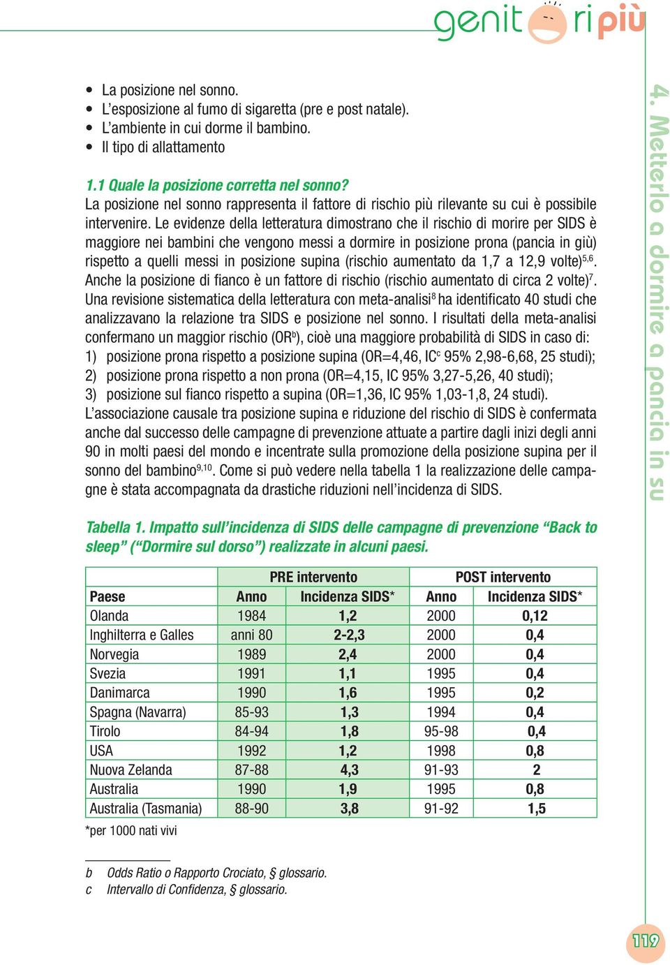 Le evidenze della letteratura dimostrano che il rischio di morire per SIDS è maggiore nei bambini che vengono messi a dormire in posizione prona (pancia in giù) rispetto a quelli messi in posizione