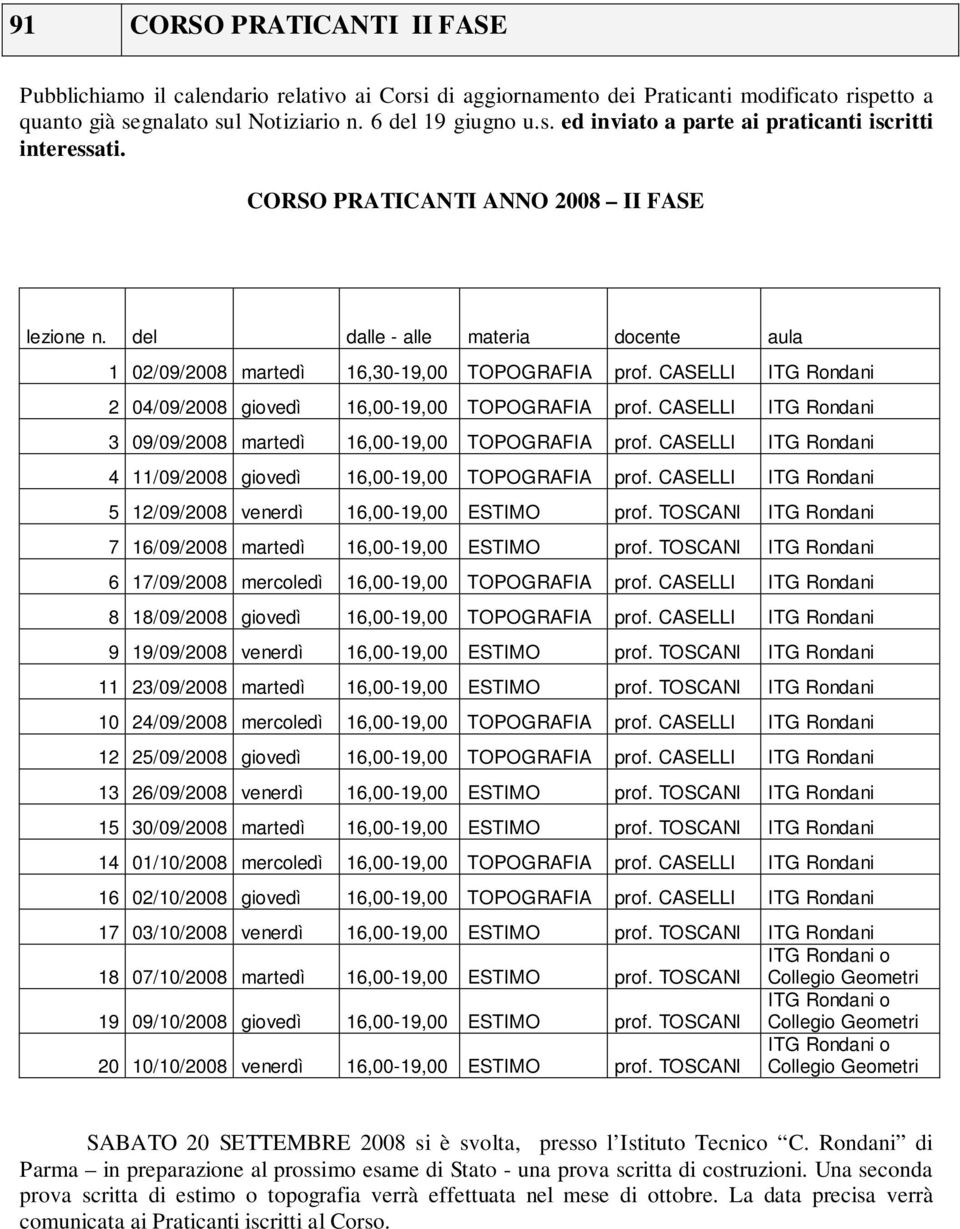 CASELLI ITG Rondani 2 04/09/2008 giovedì 16,00-19,00 TOPOGRAFIA prof. CASELLI ITG Rondani 3 09/09/2008 martedì 16,00-19,00 TOPOGRAFIA prof.