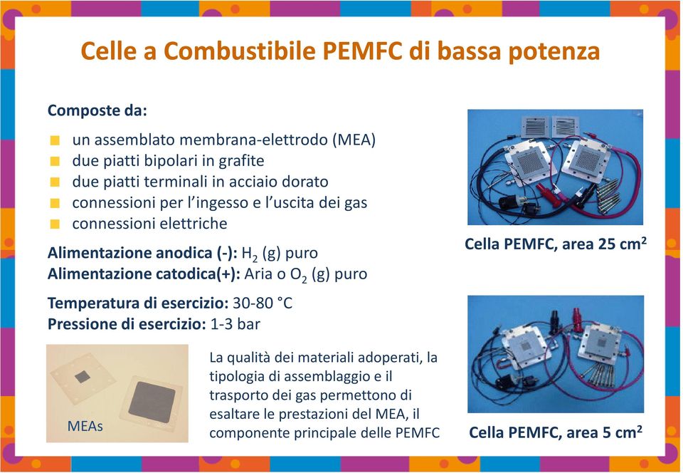 o O 2 (g) puro Temperatura di esercizio: 30-80 C Pressione di esercizio: 1-3 bar Cella PEMFC, area 25 cm 2 MEAs La qualità dei materiali adoperati, la