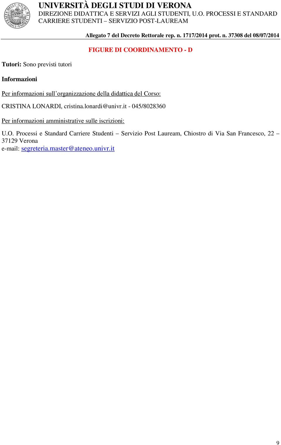 373 del /07/2014 FIGURE DI COORDINAMENTO - D Per informazioni sull organizzazione della didattica del Corso: CRISTINA LONARDI,