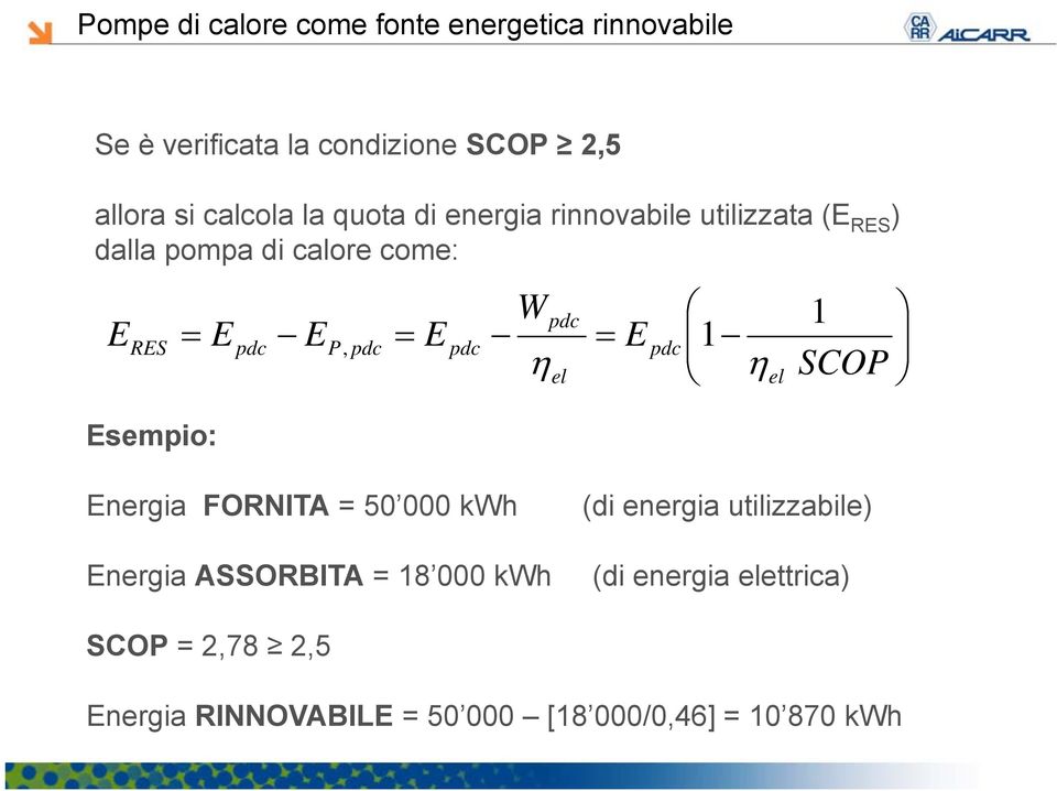 SCOP Energia FORNITA = 50 000 kwh (di energia utilizzabile) Energia ASSORBITA = 18 000