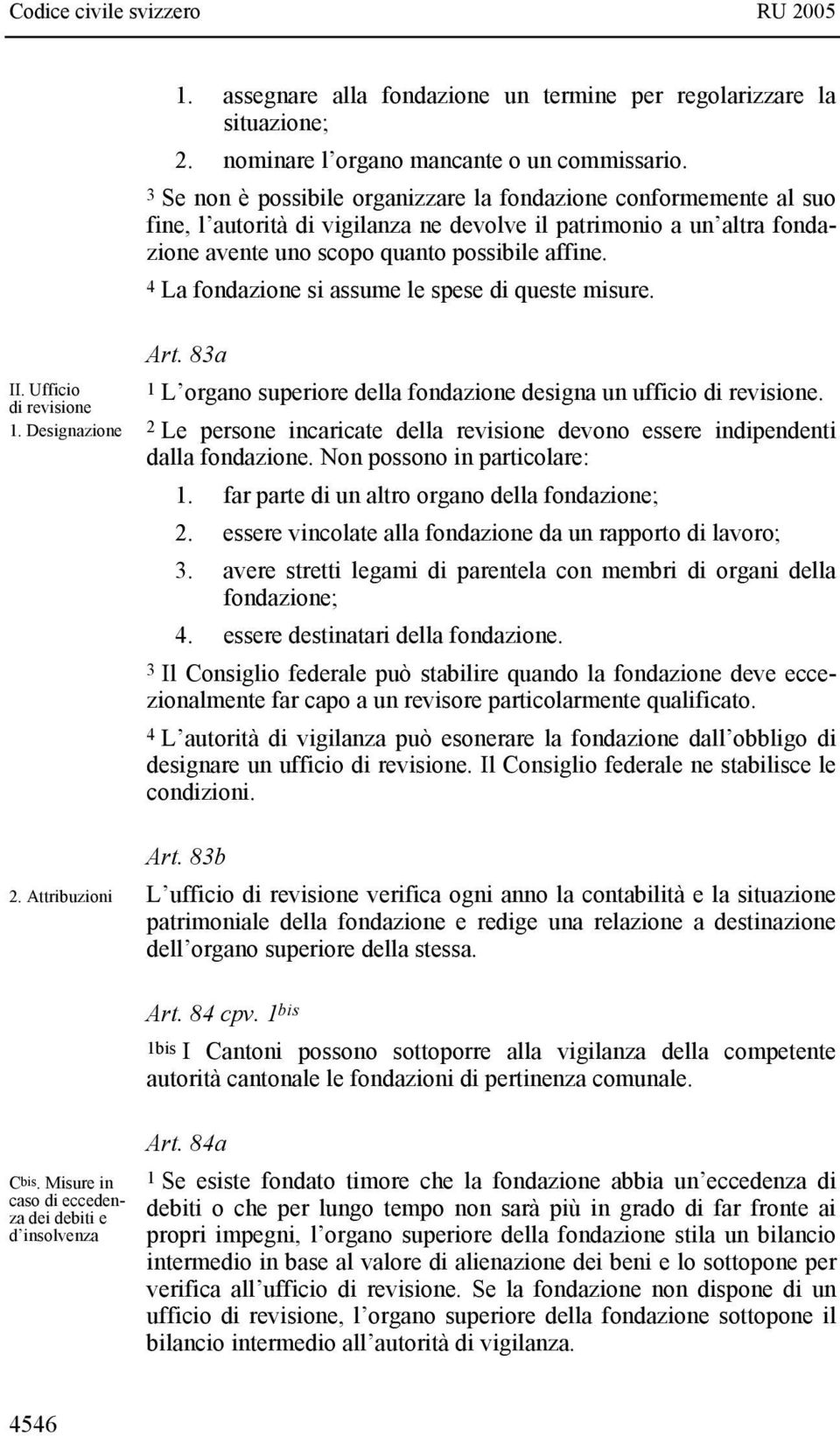 4 La fondazione si assume le spese di queste misure. II. Ufficio di revisione 1. Designazione 2. Attribuzioni Art. 83a 1 L organo superiore della fondazione designa un ufficio di revisione.