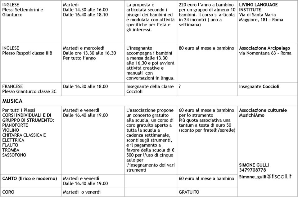 Il corso si articola in 24 incontri ( uno a settimana) LIVING LANGUAGE INSTITUTE Via di Santa Maria Maggiore, 181 - Roma INGLESE Plesso Ruspoli classe IIIB FRANCESE Plesso Gianturco classe 3C MUSICA