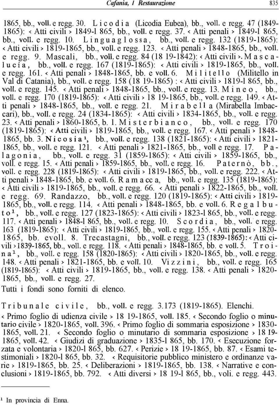 Mascali, bb., voli. e regg. 84 (18 19-1842): < Atti civili >. M a s c a - lucia, bb., voli. e regg. 167 (1819-1865): < Atti civili > 1819-1865, bb., voli. e regg. 161. < Atti penali > 1848-1865, bb.