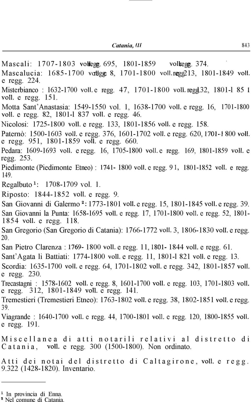 e regg. 46. Nicolosi: 1725-1800 ~011. e regg. 133, 1801-1856 ~011. e regg. 158. Paternò: 1500-1603 voli. e regg. 376, 1601-1702 voli. e regg. 620, 1701- VI 800 voil. e regg. 951, 1801-1859 voli.