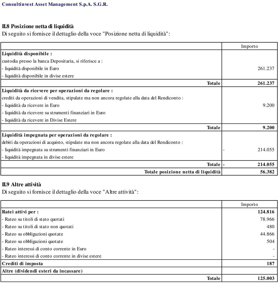 237 - liquidità disponibile in divise estere Liquidità da ricevere per operazioni da regolare : crediti da operazioni di vendita, stipulate ma non ancora regolate alla data del Rendiconto : Totale