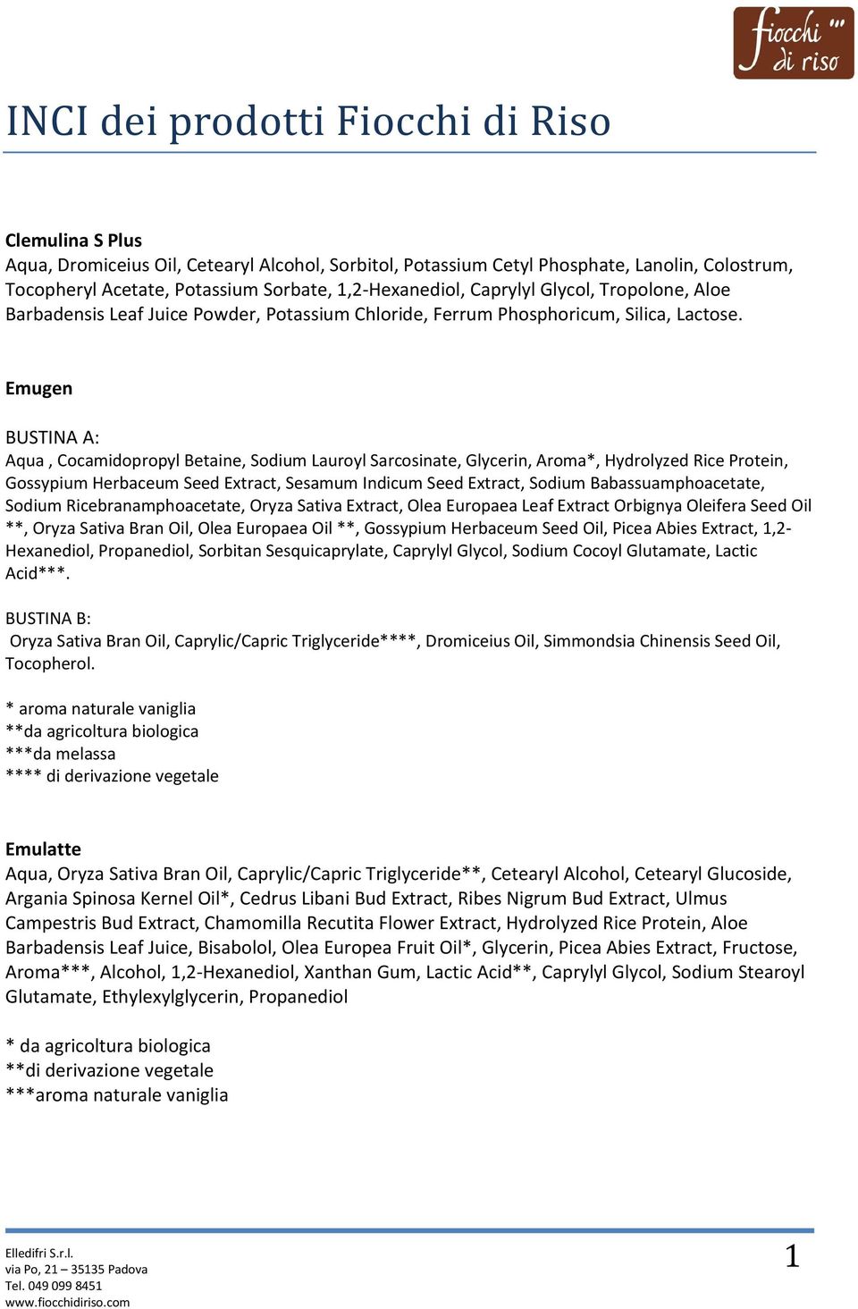 Emugen BUSTINA A: Aqua, Cocamidopropyl Betaine, Sodium Lauroyl Sarcosinate, Glycerin, Aroma*, Hydrolyzed Rice Protein, Gossypium Herbaceum Seed Extract, Sesamum Indicum Seed Extract, Sodium