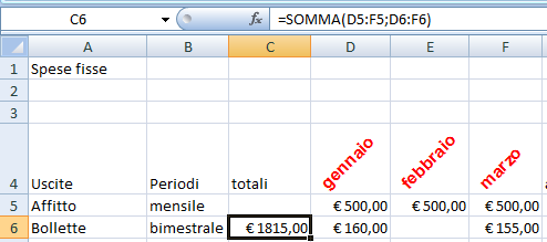 La funzione Somma Se le celle da sommare NON sono contigue si usa il punto e virgola: = SOMMA