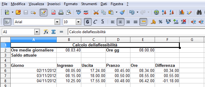 Calcolo dell'orario di lavoro Realizzare un foglio elettronico che permetta di calcolare l'orario di lavoro Per ogni riga, memorizzare la data, le ore di