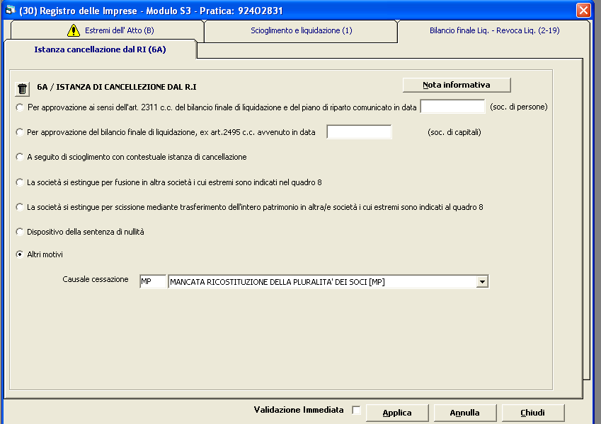 (fig. 6) Allegati Nessuno La pratica deve essere sottoscritta mediante firma digitale dal socio rimasto, OPPURE dal professionista incaricato (in questo caso il