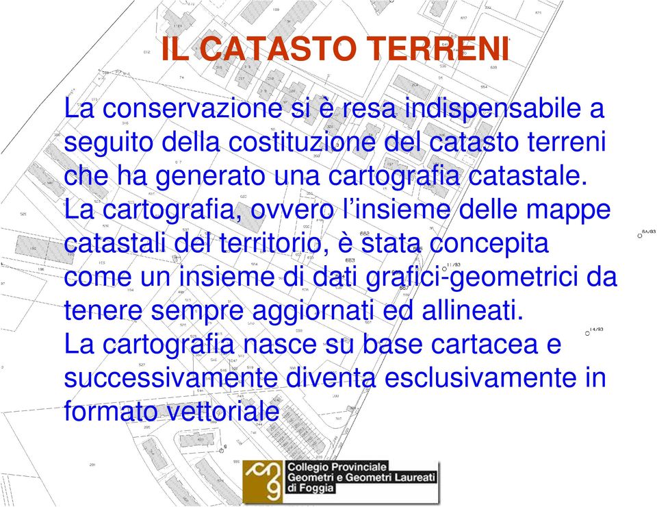 La cartografia, ovvero l insieme delle mappe catastali del territorio, è stata concepita come un