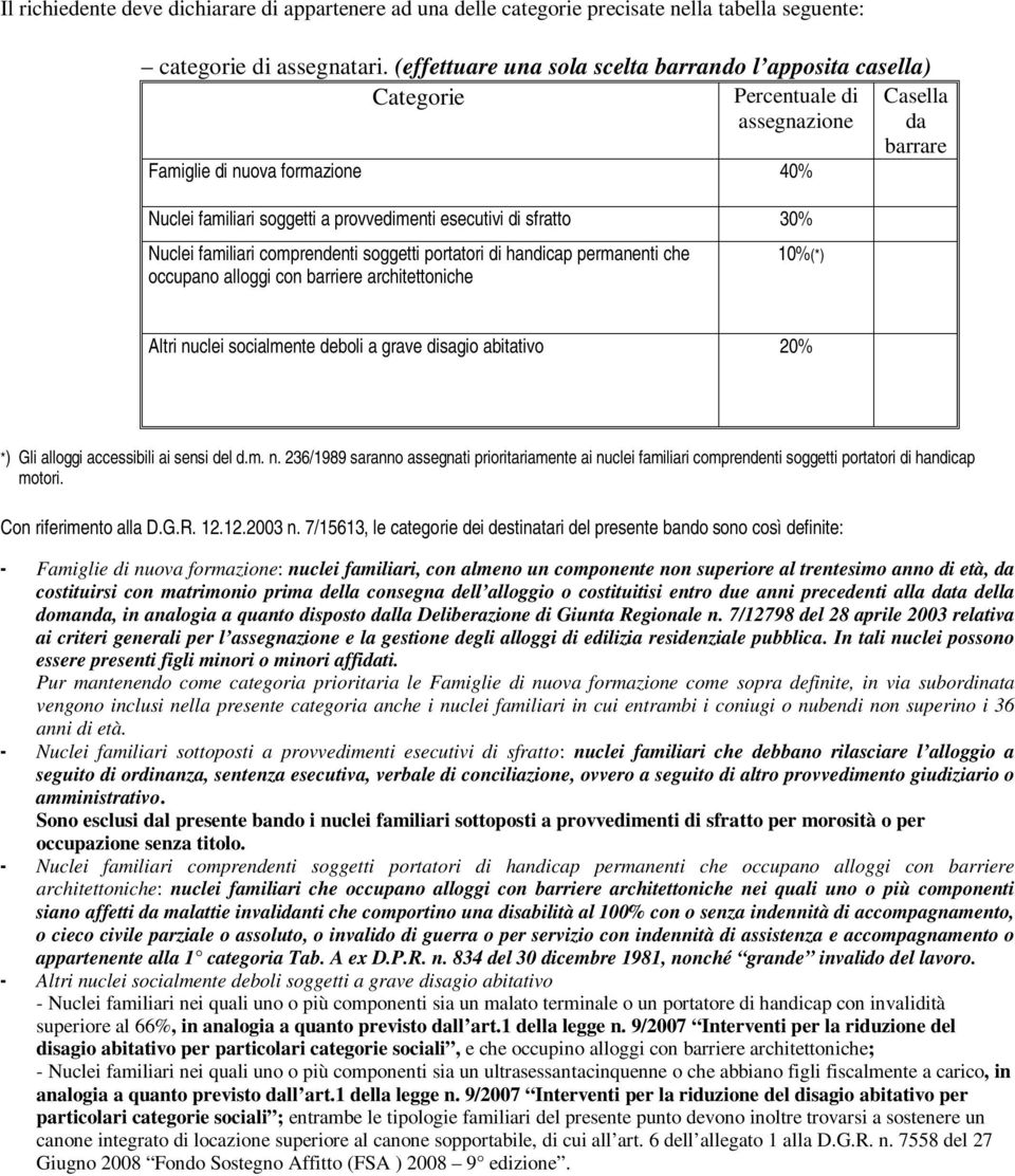 di sfratto 30% Nuclei familiari comprendenti soggetti portatori di handicap permanenti che occupano alloggi con barriere architettoniche 10%(*) Altri nuclei socialmente deboli a grave disagio