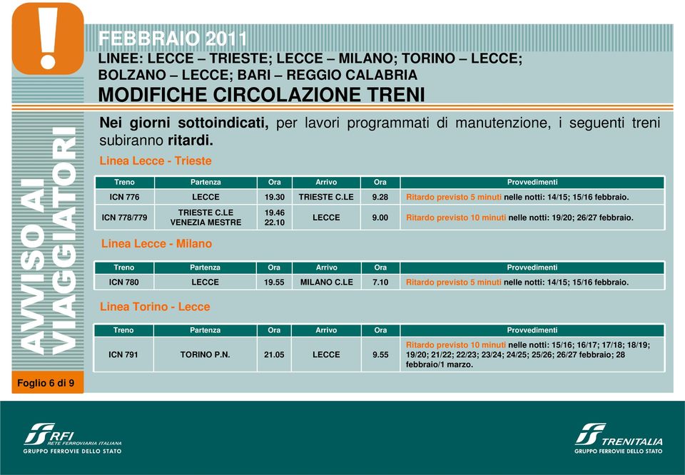 10 LECCE 9.00 Ritardo previsto 10 minuti nelle notti: 19/20; 26/27 Linea Lecce - Milano ICN 780 LECCE 19.55 MILANO C.LE 7.