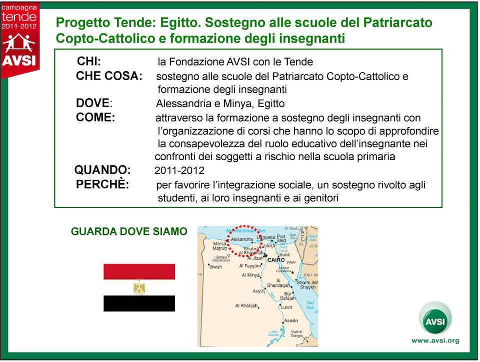 Patriarcato Copto-Cattolico e formazione degli insegnanti DOVE: Alessandria e Minya, Egitto COME: attraverso la formazione a sostegno degli insegnanti con l