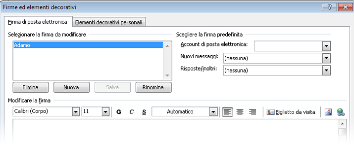 Creare una firma di posta elettronica Aprire un nuovo messaggio. Nel gruppo Includi della scheda Messaggio fare clic su Firma e quindi su Firme.