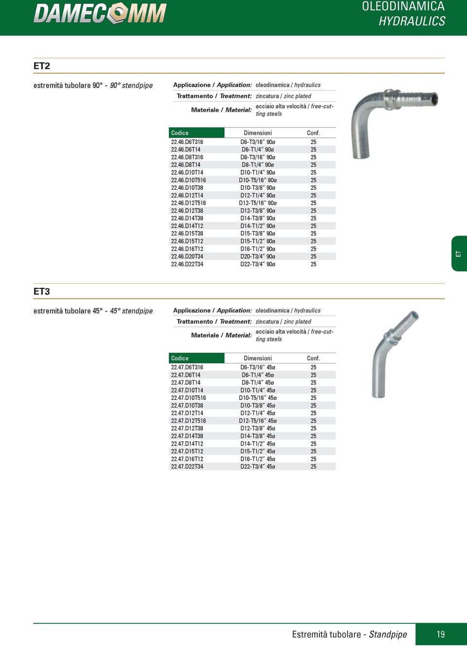 46.D15T12 D15-T1/2 90ø 25 22.46.D16T12 D16-T1/2 90ø 25 22.46.D20T34 D20-T3/4 90ø 25 22.46.D22T34 D22-T3/4 90ø 25 ET ET3 estremità tubolare 45-45 stendpipe 22.47.D6T316 D6-T3/16 45ø 25 22.47.D6T14 D6-T1/4 45ø 25 22.