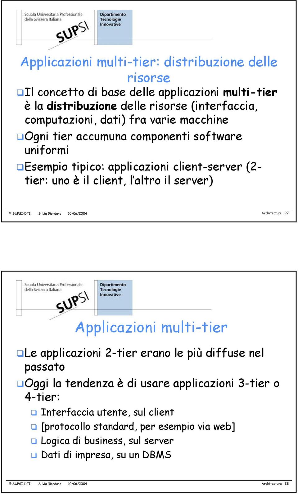 Giordano 10/06/2004 Architecture 27 Applicazioni multi-tier Le applicazioni 2-tier erano le più diffuse nel passato Oggi la tendenza è di usare applicazioni 3-tier o 4-tier: