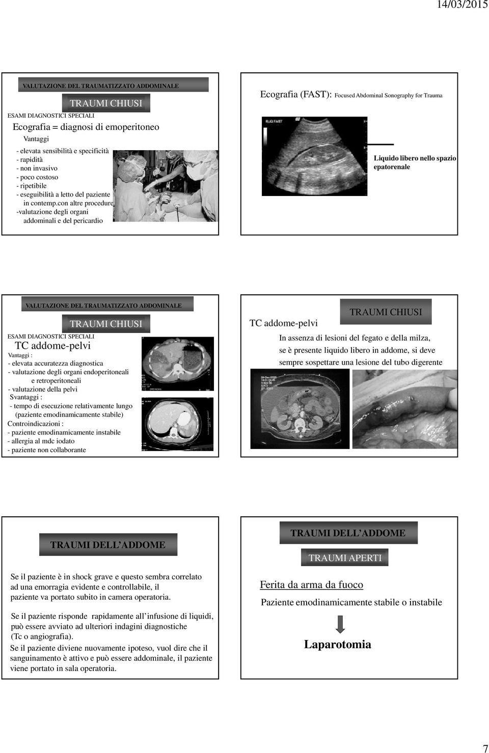 con altre procedure -valutazione degli organi addominali e del pericardio Ecografia (FAST): Focused Abdominal Sonography for Trauma Liquido libero nello spazio epatorenale TRAUMI CHIUSI ESAMI