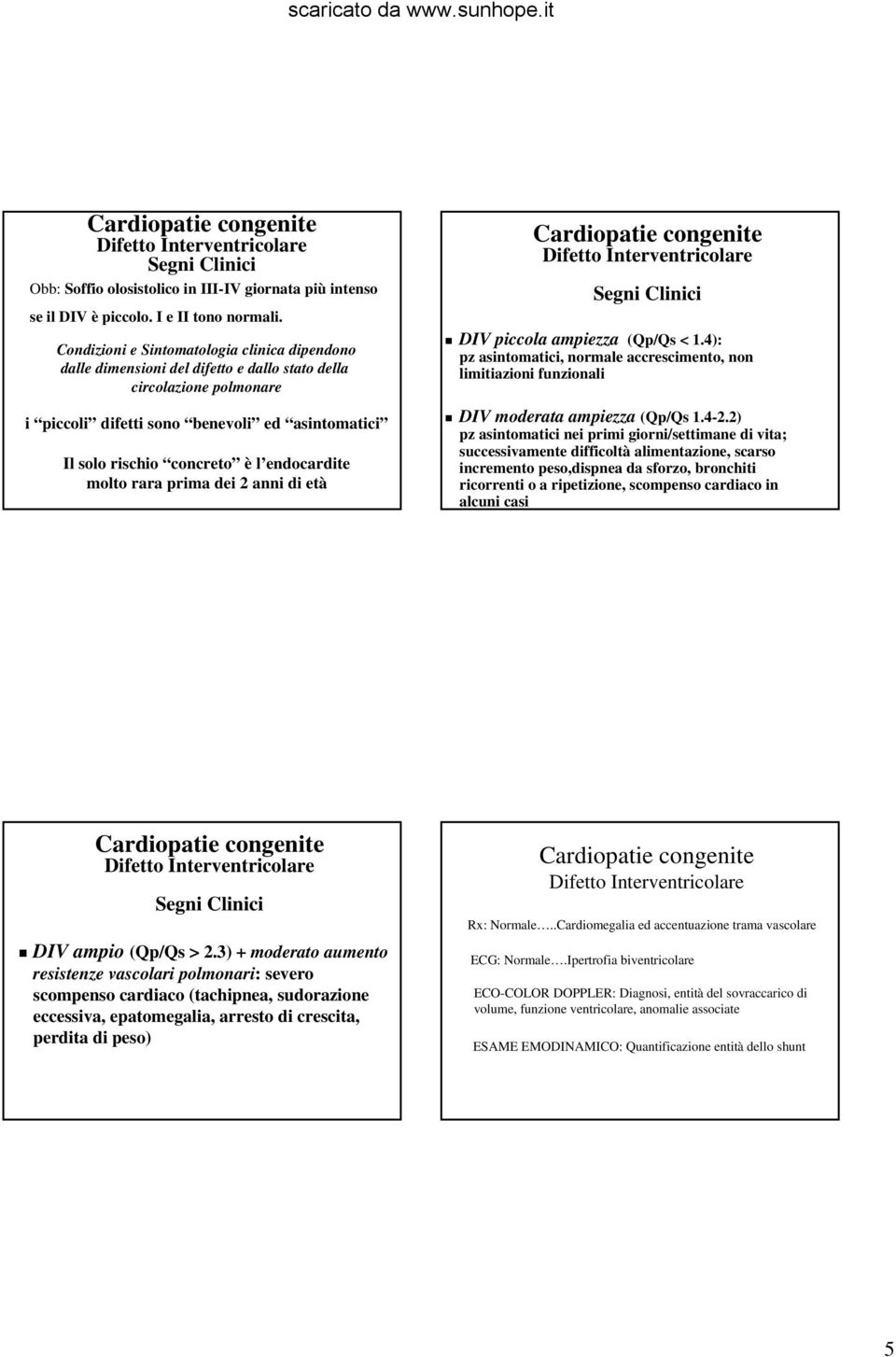 endocardite molto rara prima dei 2 anni di età Segni Clinici DIV piccola ampiezza (Qp/Qs < 1.4): pz asintomatici, normale accrescimento, non limitiazioni funzionali DIV moderata ampiezza (Qp/Qs 1.4-2.