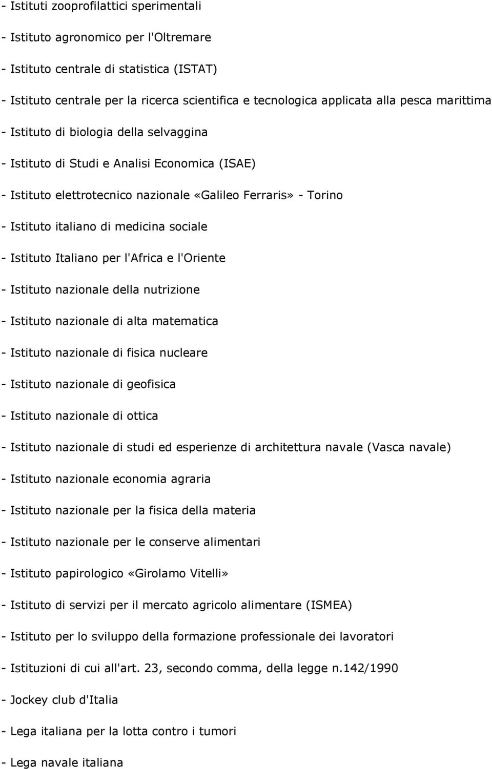 sociale - Istituto Italiano per l'africa e l'oriente - Istituto nazionale della nutrizione - Istituto nazionale di alta matematica - Istituto nazionale di fisica nucleare - Istituto nazionale di