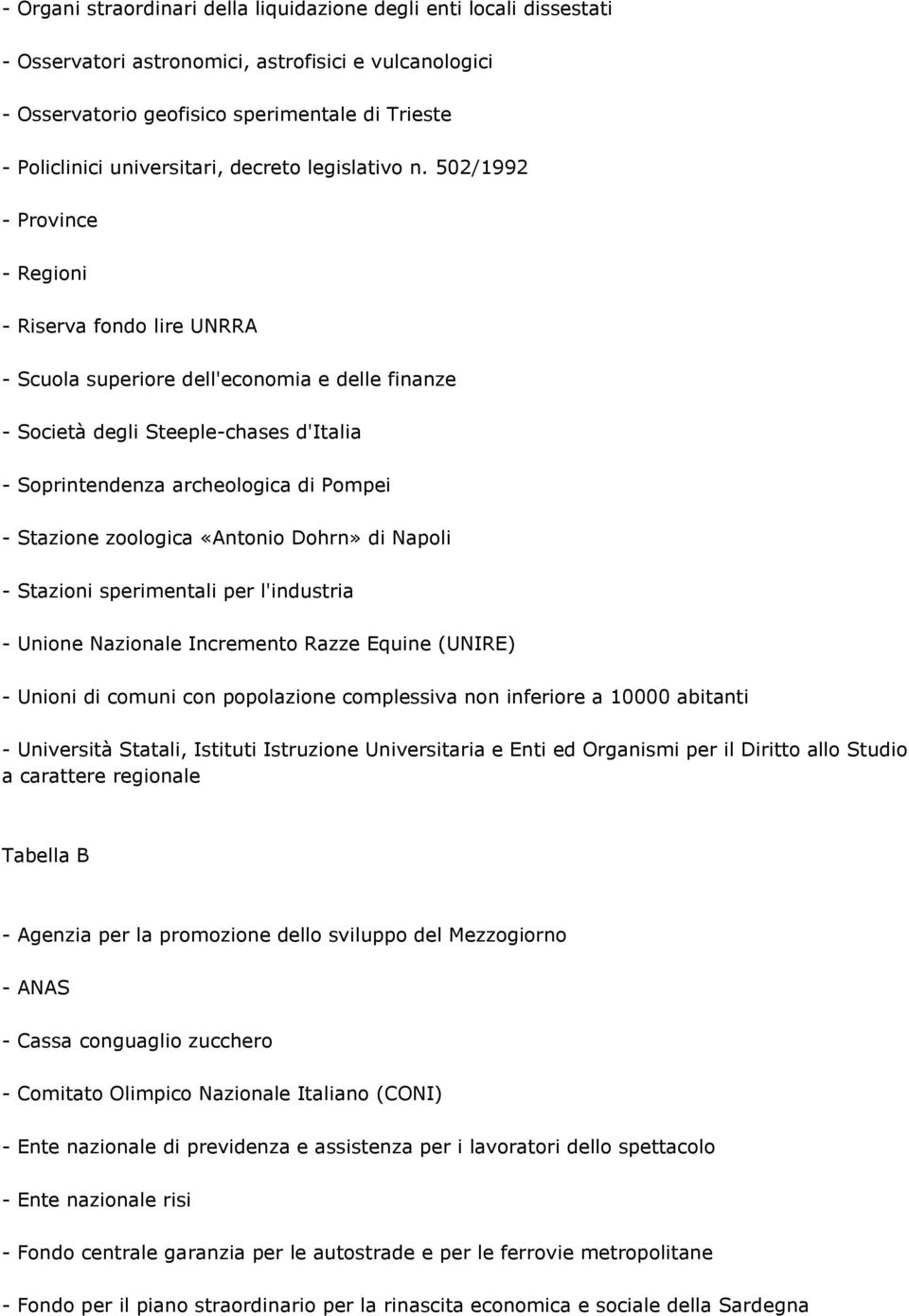 502/1992 - Province - Regioni - Riserva fondo lire UNRRA - Scuola superiore dell'economia e delle finanze - Società degli Steeple-chases d'italia - Soprintendenza archeologica di Pompei - Stazione