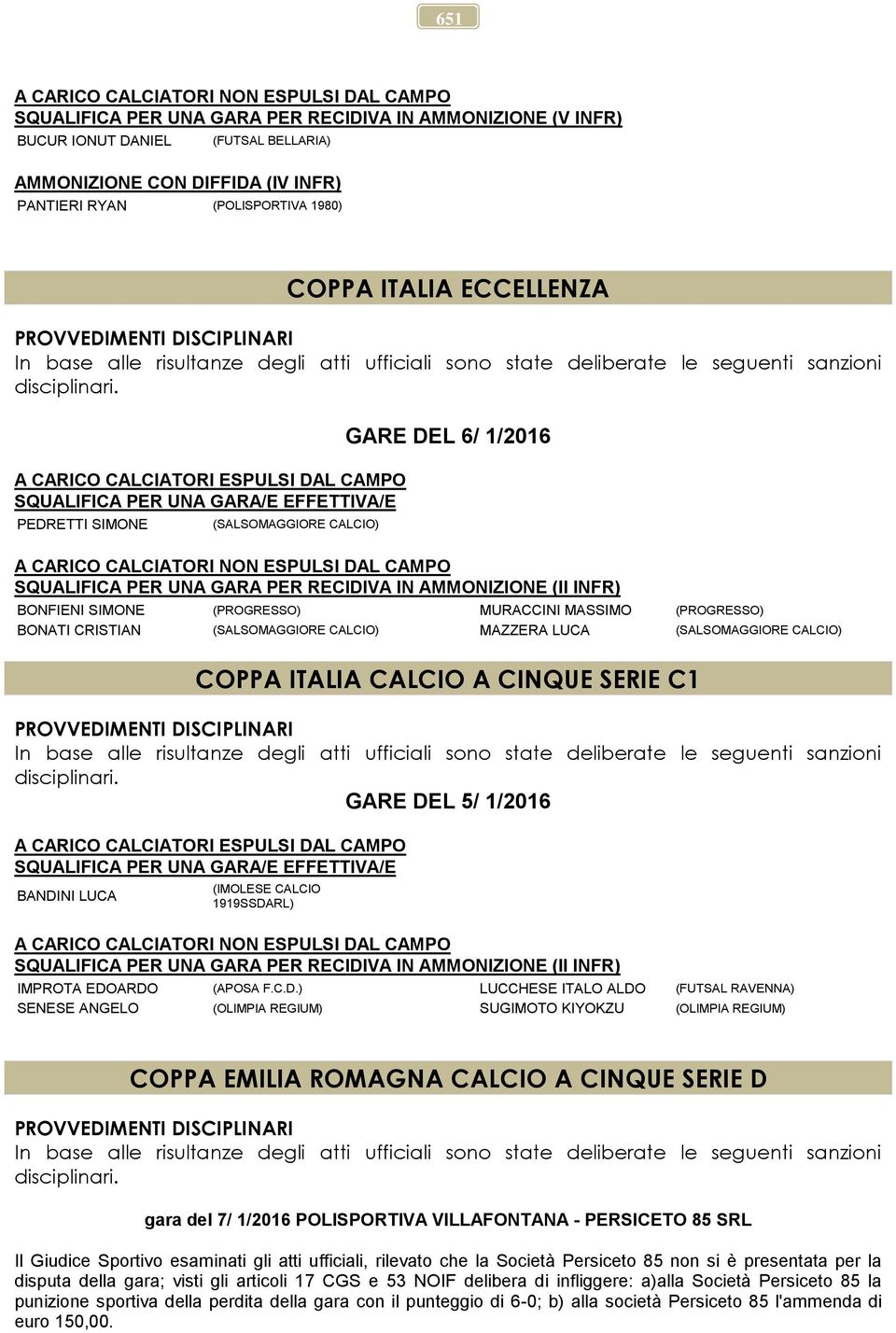 A CARICO CALCIATORI ESPULSI DAL CAMPO SQUALIFICA PER UNA GARA/E EFFETTIVA/E PEDRETTI SIMONE (SALSOMAGGIORE CALCIO) GARE DEL 6/ 1/2016 A CARICO CALCIATORI NON ESPULSI DAL CAMPO SQUALIFICA PER UNA GARA