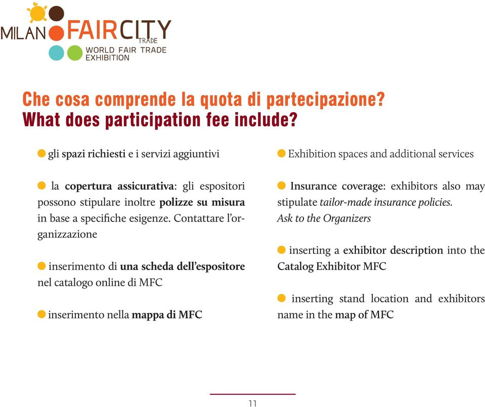 Contattare l organizzazione inserimento di una scheda dell espositore nel catalogo online di MFC inserimento nella mappa di MFC Exhibition spaces and additional