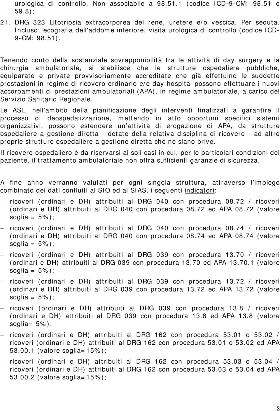 Tenendo conto della sostanziale sovrapponibilità tra le attività di day surgery e la chirurgia ambulatoriale, si stabilisce che le strutture ospedaliere pubbliche, equiparate e private