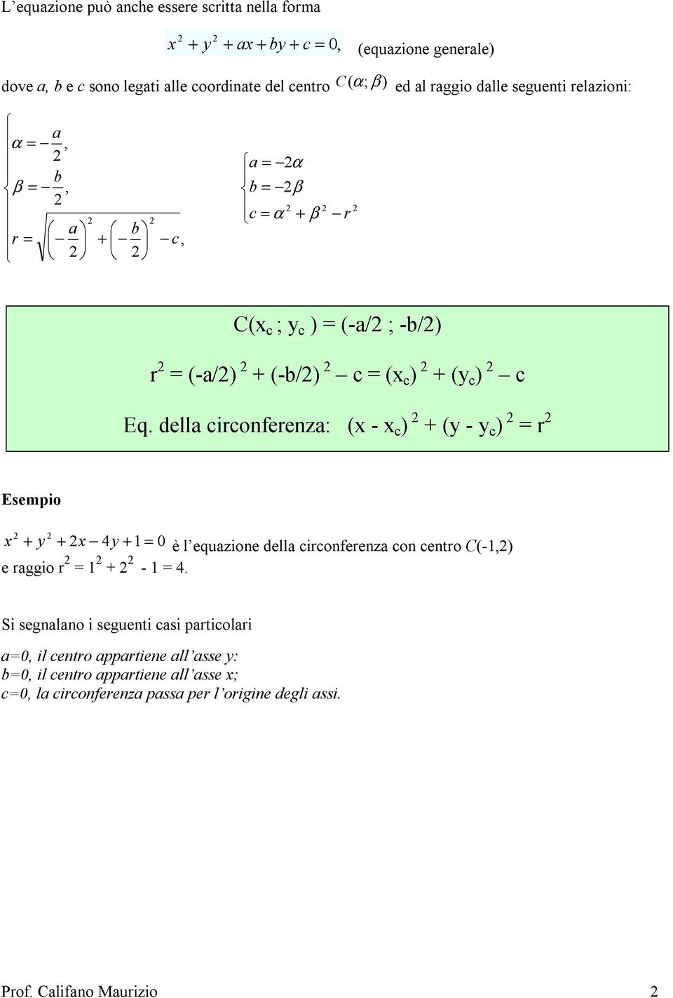 della circonferenza: ( - c ) ( - c ) r Esempio 4 è l equazione della circonferenza con centro C(-,) e raggio r - 4.