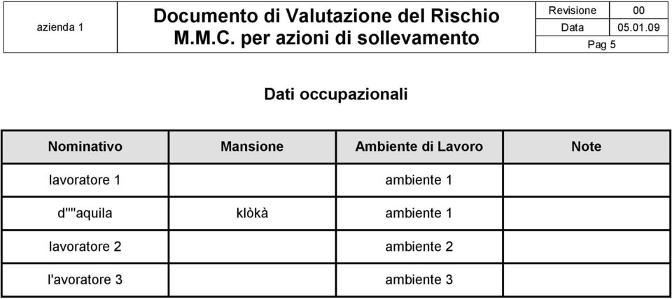 occupazionali Nominativo Mansione Ambiente di