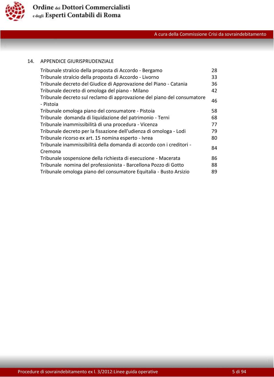 Pistoia 58 Tribunale domanda di liquidazione del patrimonio - Terni 68 Tribunale inammissibilità di una procedura - Vicenza 77 Tribunale decreto per la fissazione dell'udienza di omologa - Lodi 79